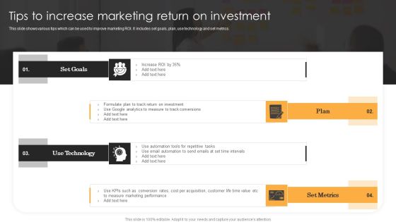 Tips To Increase Marketing Return On Investment Icons PDF Tips To Increase Marketing Return On Investment Icons PDF