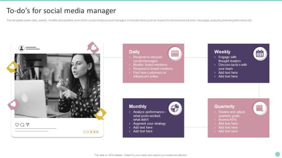 To Dos For Social Media Manager Playbook For Promoting Social Media Brands Formats PDF To Dos For Social Media Manager Playbook For Promoting Social Media Brands Formats PDF