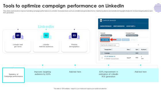 Tools To Optimize Campaign Performance On Linkedin Portrait PDF Tools To Optimize Campaign Performance On Linkedin Portrait PDF