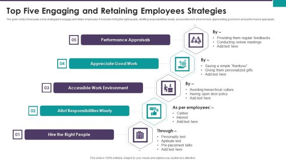 Top Five Engaging And Retaining Employees Strategies Ppt Ideas Example Introduction PDF