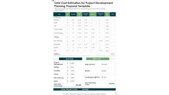 Total Cost Estimation For Project Development Planning Proposal Template One Pager Sample Example Document Total Cost Estimation For Project Development Planning Proposal Template One Pager Sample Example Document