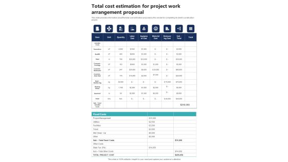 Total Cost Estimation For Project Work Arrangement Proposal One Pager Sample Example Document