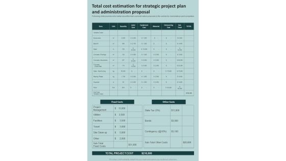 Total Cost Estimation For Strategic Project Plan And Administration Proposal One Pager Sample Example Document