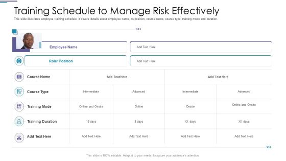 Training Schedule To Manage Risk Effectively Ppt PowerPoint Presentation Inspiration Portrait PDF Training Schedule To Manage Risk Effectively Ppt PowerPoint Presentation Inspiration Portrait PDF