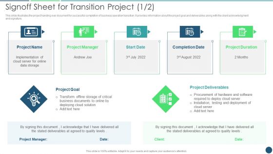Transformation Plan Signoff Sheet For Transition Project Ppt PowerPoint Presentation File Show PDF
