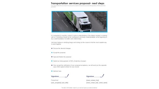 Transportation Services Proposal Next Steps One Pager Sample Example Document Transportation Services Proposal Next Steps One Pager Sample Example Document