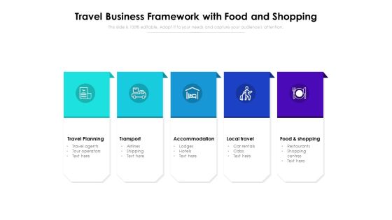 Travel Business Framework With Food And Shopping Ppt PowerPoint Presentation Gallery Design Templates PDF Travel Business Framework With Food And Shopping Ppt PowerPoint Presentation Gallery Design Templates PDF