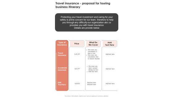 Travel Insurance Proposal For Touring Business Itinerary One Pager Sample Example Document Travel Insurance Proposal For Touring Business Itinerary One Pager Sample Example Document