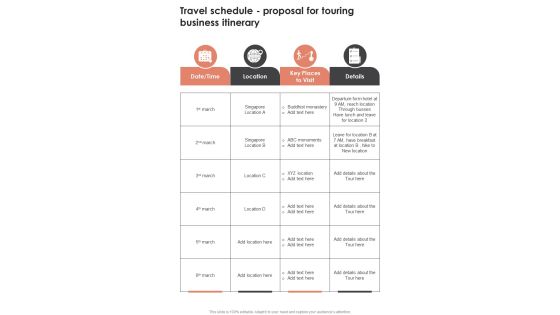 Travel Schedule Proposal For Touring Business Itinerary One Pager Sample Example Document Travel Schedule Proposal For Touring Business Itinerary One Pager Sample Example Document