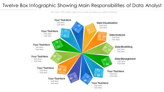 Twelve Box Infographic Showing Main Responsibilities Of Data Analyst Ppt PowerPoint Presentation File Show PDF
