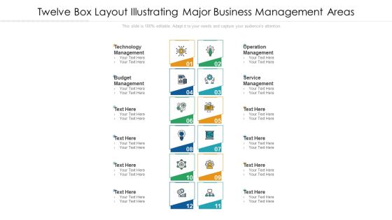 Twelve Box Layout Illustrating Major Business Management Areas Ppt PowerPoint Presentation Gallery Design Templates PDF