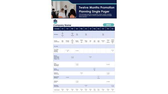 Twelve Months Promotion Planning Single Pager PDF Document PPT Template Twelve Months Promotion Planning Single Pager PDF Document PPT Template