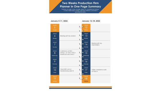 Two Weeks Production Firm Planner In One Page Summary PDF Document PPT Template Two Weeks Production Firm Planner In One Page Summary PDF Document PPT Template