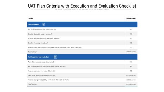 UAT Plan Criteria With Execution And Evaluation Checklist Ppt PowerPoint Presentation File Graphics Design PDF UAT Plan Criteria With Execution And Evaluation Checklist Ppt PowerPoint Presentation File Graphics Design PDF