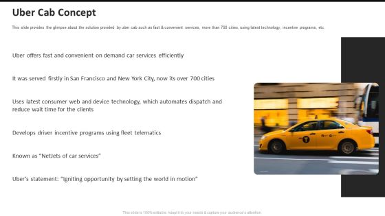 Uber Cab Concept Uber Cab Elevator Funding Deck Ppt Slides Smartart PDF Uber Cab Concept Uber Cab Elevator Funding Deck Ppt Slides Smartart PDF