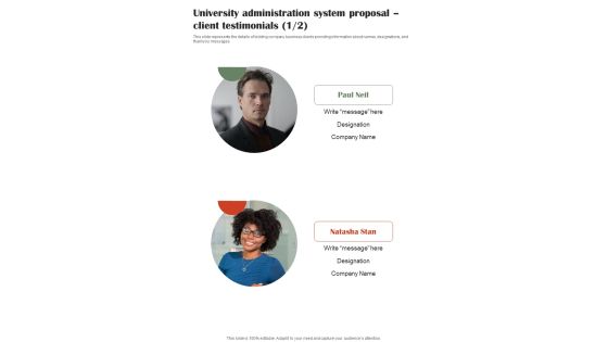 University Administration System Proposal Client Testimonials One Pager Sample Example Document