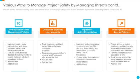 Upgrading Total Project Safety IT Various Ways To Manage Project Safety By Managing Threats Contd Mockup PDF Upgrading Total Project Safety IT Various Ways To Manage Project Safety By Managing Threats Contd Mockup PDF