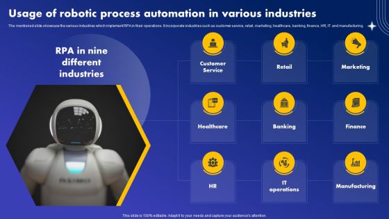 Usage Of Robotic Process Automation In Various Industries Icons PDF Usage Of Robotic Process Automation In Various Industries Icons PDF