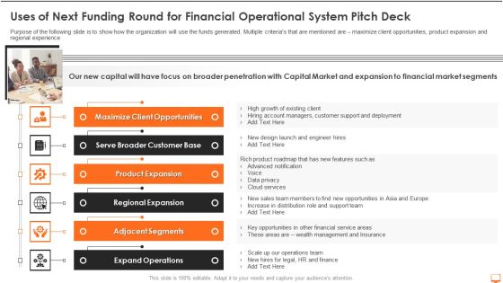 Uses Of Next Funding Round For Financial Operational System Pitch Deck Ppt Styles Vector PDF