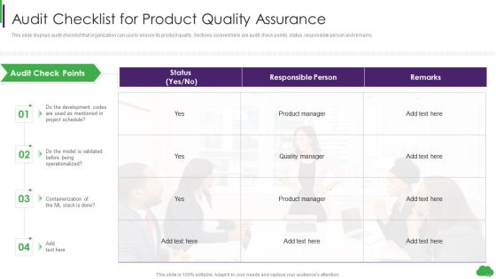 Using Ml And Devops In Product Development Process Audit Checklist For Product Quality Assurance Template PDF Using Ml And Devops In Product Development Process Audit Checklist For Product Quality Assurance Template PDF