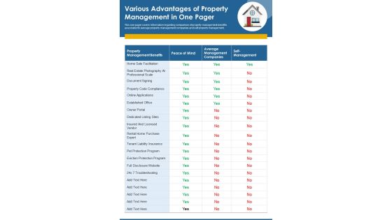 Various Advantages Of Property Management In One Pager PDF Document PPT Template Various Advantages Of Property Management In One Pager PDF Document PPT Template