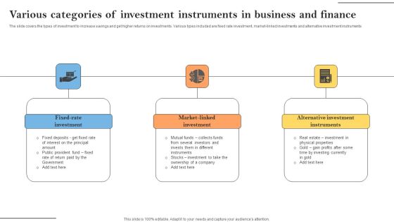 Various Categories Of Investment Instruments In Business And Finance Mockup PDF