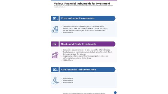 Various Financial Instruments For Investment One Pager Documents Various Financial Instruments For Investment One Pager Documents