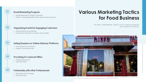 Various Marketing Tactics For Food Business Ppt Ideas Brochure PDF Various Marketing Tactics For Food Business Ppt Ideas Brochure PDF