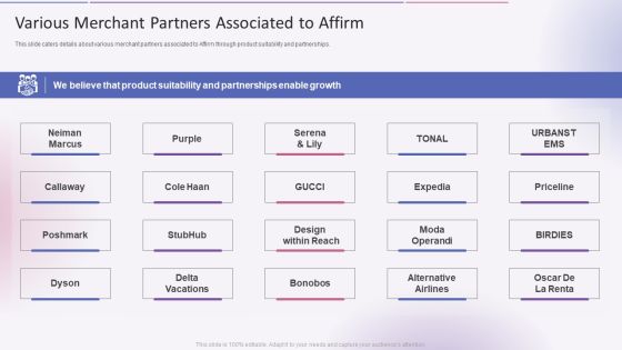 Various Merchant Partners Associated To Affirm Affirm Capital Sourcing Elevator Pitch Deck Graphics PDF Various Merchant Partners Associated To Affirm Affirm Capital Sourcing Elevator Pitch Deck Graphics PDF
