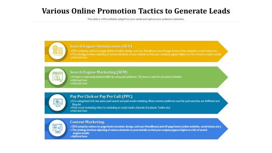 Various Online Promotion Tactics To Generate Leads Ppt PowerPoint Presentation Ideas Guide PDF Various Online Promotion Tactics To Generate Leads Ppt PowerPoint Presentation Ideas Guide PDF
