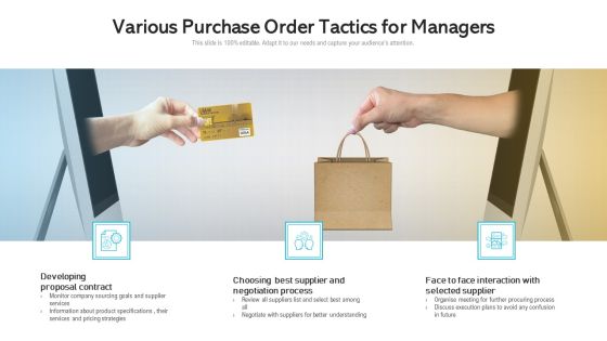 Various Purchase Order Tactics For Managers Ppt PowerPoint Presentation Portfolio Background Image PDF Various Purchase Order Tactics For Managers Ppt PowerPoint Presentation Portfolio Background Image PDF