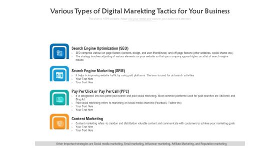 Various Types Of Digital Marekting Tactics For Your Business Ppt PowerPoint Presentation File Slides PDF Various Types Of Digital Marekting Tactics For Your Business Ppt PowerPoint Presentation File Slides PDF