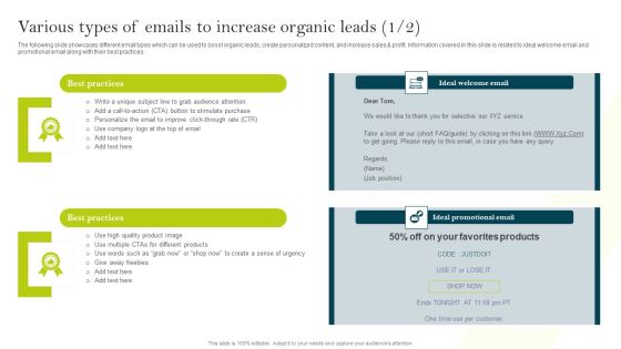 Various Types Of Emails To Increase Organic Leads Ppt PowerPoint Presentation File Example File PDF Various Types Of Emails To Increase Organic Leads Ppt PowerPoint Presentation File Example File PDF