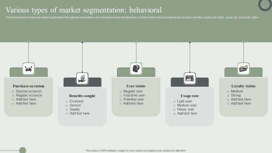 Various Types Of Market Segmentation Behavioral Ppt PowerPoint Presentation File Styles PDF