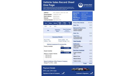 Vehicle Sales Record Sheet One Page PDF Document PPT Template Vehicle Sales Record Sheet One Page PDF Document PPT Template