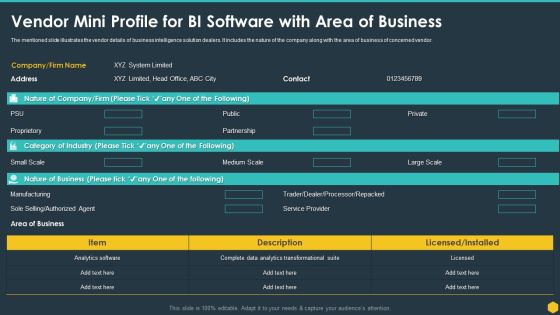Vendor Mini Profile For BI Software With Area Of Business BI Transformation Toolset Summary PDF