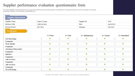 Vendor Performance Analysis And Administration Supplier Performance Evaluation Questionnaire Form Professional PDF Vendor Performance Analysis And Administration Supplier Performance Evaluation Questionnaire Form Professional PDF