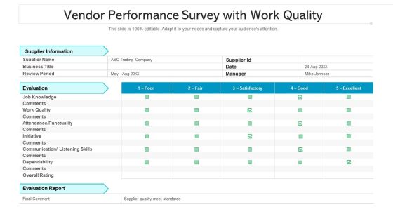 Vendor Performance Survey With Work Quality Ppt PowerPoint Presentation File Master Slide PDF
