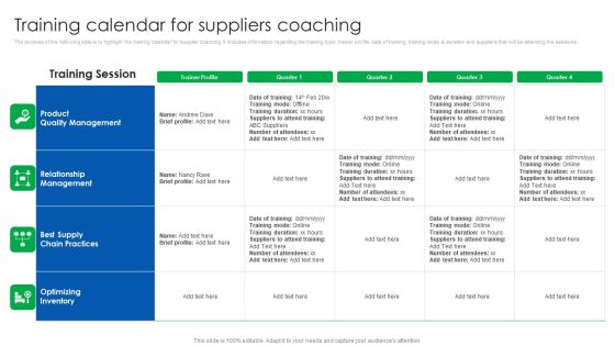 Vendor Relationship Management Strategic Plan Training Calendar For Suppliers Coaching Designs PDF Vendor Relationship Management Strategic Plan Training Calendar For Suppliers Coaching Designs PDF