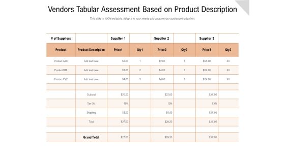 Vendors Tabular Assessment Based On Product Description Ppt PowerPoint Presentation Icon Format Ideas PDF Vendors Tabular Assessment Based On Product Description Ppt PowerPoint Presentation Icon Format Ideas PDF