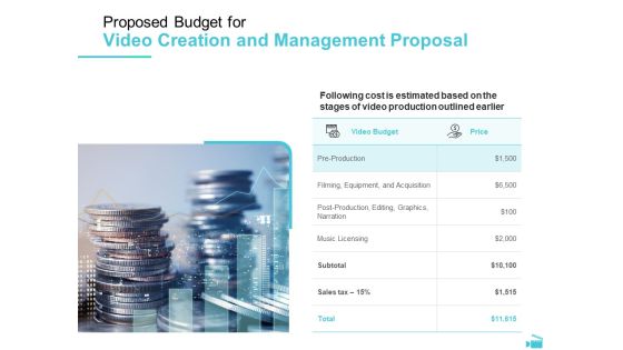 Video Development And Administration Proposed Budget For Video Creation And Management Proposal Icons PDF Video Development And Administration Proposed Budget For Video Creation And Management Proposal Icons PDF