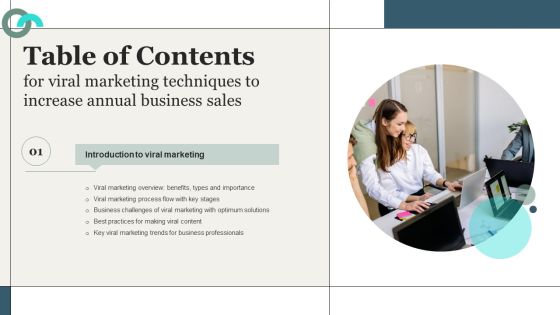 Viral Marketing Techniques To Increase Annual Business Sales Table Of Contents Icons PDF