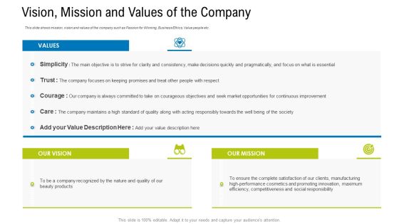 Vision Mission And Values Of The Company Ppt Gallery Skills PDF