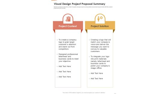 Visual Design Project Proposal Summary One Pager Sample Example Document Visual Design Project Proposal Summary One Pager Sample Example Document