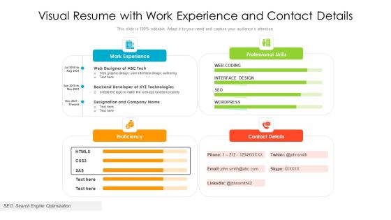 Visual Resume With Work Experience And Contact Details Ppt PowerPoint Presentation Outline Graphics Example PDF Visual Resume With Work Experience And Contact Details Ppt PowerPoint Presentation Outline Graphics Example PDF