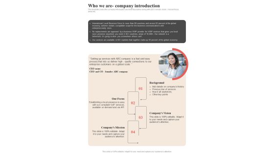 Voice Over Internet Protocol Request Who We Are Company Introduction One Pager Sample Example Document