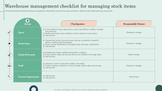Warehouse Management Checklist For Managing Stock Items Template PDF Warehouse Management Checklist For Managing Stock Items Template PDF