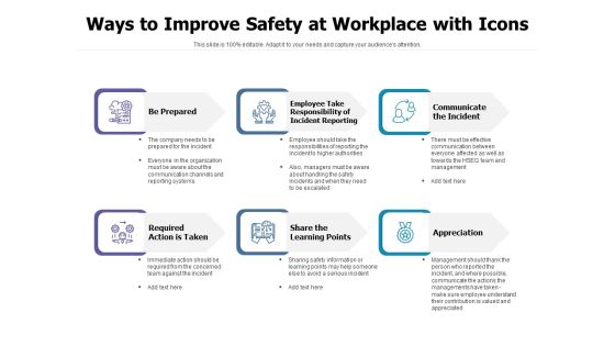 Ways To Improve Safety At Workplace With Icons Ppt PowerPoint Presentation Model Graphics Example PDF Ways To Improve Safety At Workplace With Icons Ppt PowerPoint Presentation Model Graphics Example PDF