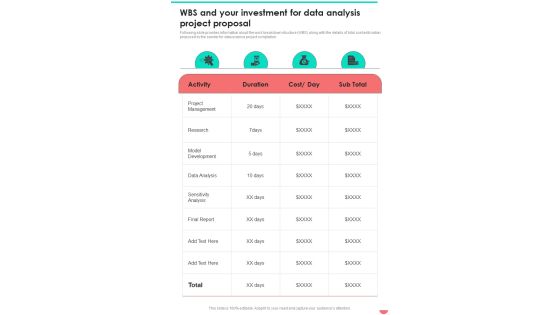 Wbs And Your Investment For Data Analysis Project Proposal One Pager Sample Example Document Wbs And Your Investment For Data Analysis Project Proposal One Pager Sample Example Document