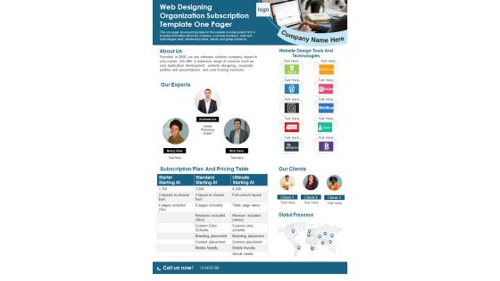 Web Designing Organization Subscription Template One Pager PDF Document PPT Template Web Designing Organization Subscription Template One Pager PDF Document PPT Template